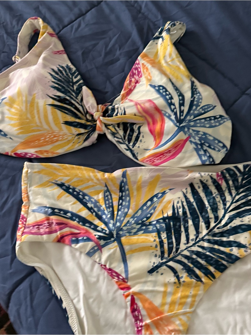 Tropical Print Two-Piece Swim Set in Yellow, Navy & Pink